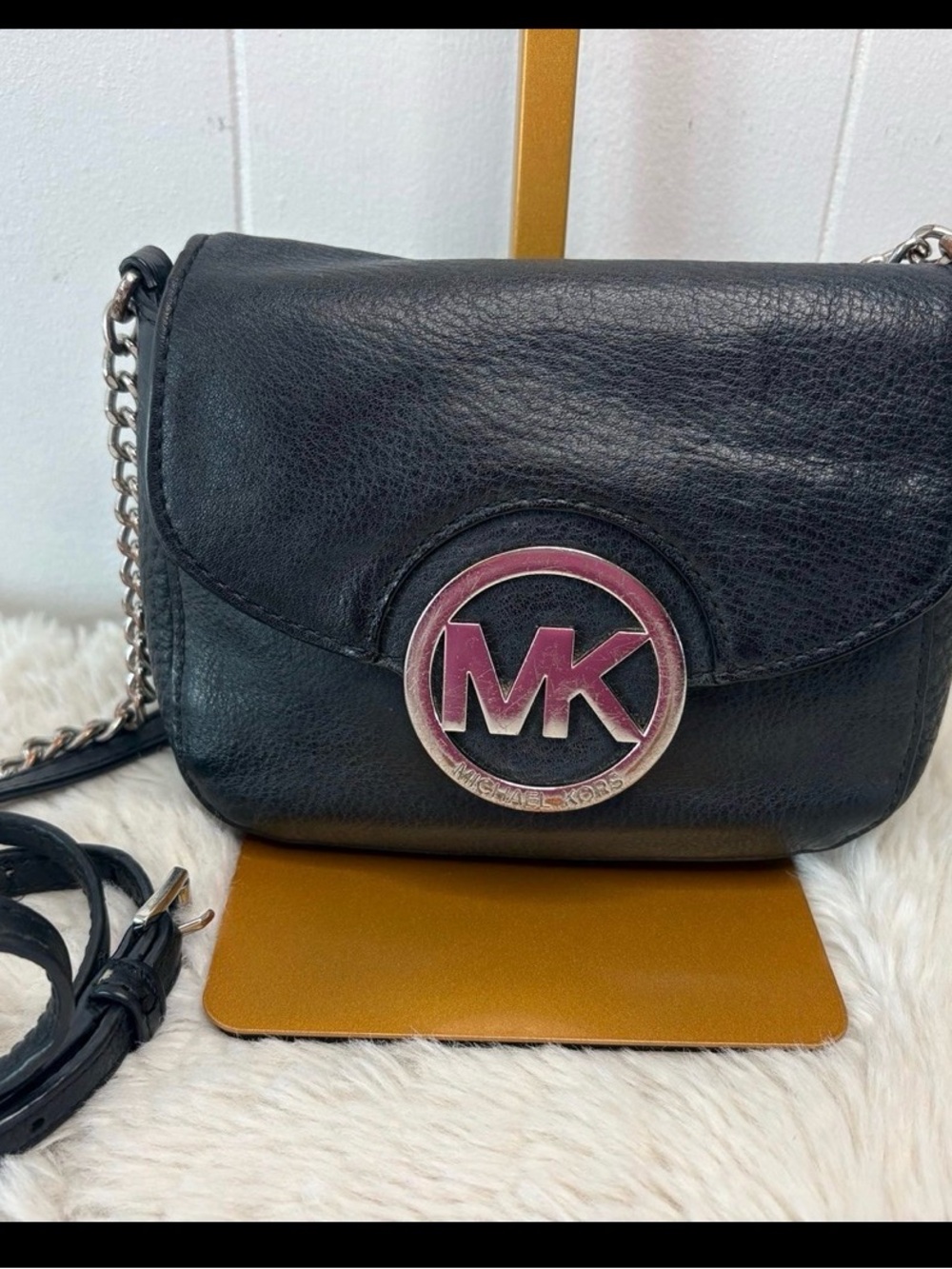 Michael Kors Black Leather Crossbody with Pink MK Logo Accent